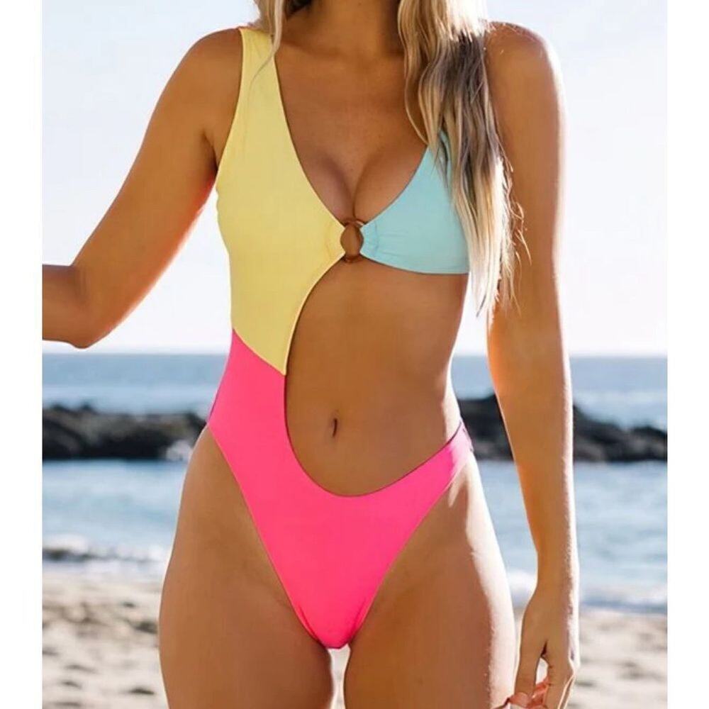 Shein‎ Multi-color High Leg Cheeky Colorblock 1pc Swimsuit MEDIUM Sexy Hyperpop